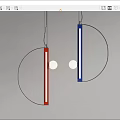 Modern Red And Blue Linear Pendant Light With Circular Metallic Frame Design 3d model