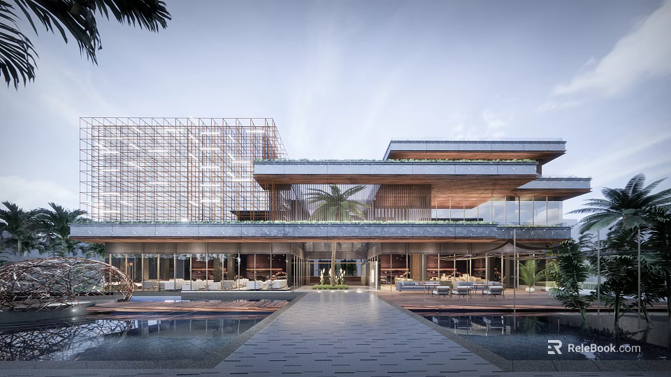 Elegant Modern Sales Office Building With Glass Curtain Wall Wooden Structure Swimming Pool And Greenery 3d model