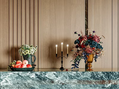Elegant Vase with Red Blue White Flowers on Marble Countertop with Candles Fruits and Wooden Wall 3d model
