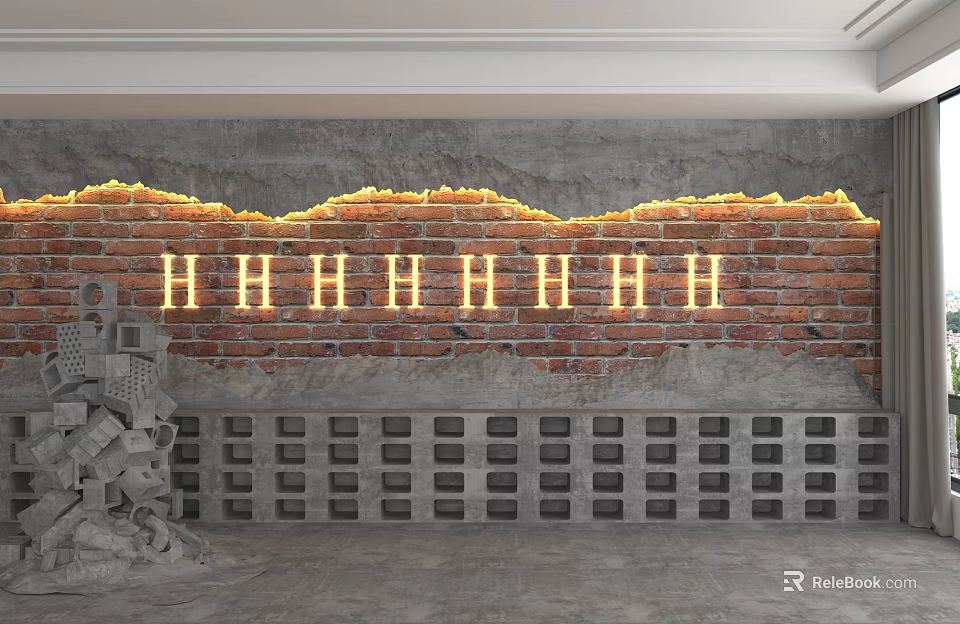 Industrial Exposed Brick Accent Wall With Yellow Strip Lights Concrete Top And Gray Block Base 3d model 