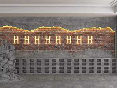 Industrial Exposed Brick Accent Wall With Yellow Strip Lights Concrete Top And Gray Block Base 3d model