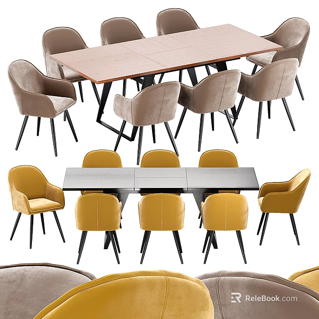 Modern Rectangular Dining Table Set With Beige And Yellow Upholstered Chairs Black Legs 3d model 