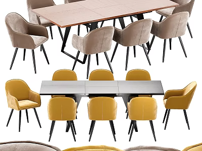 Modern Rectangular Dining Table Set With Beige And Yellow Upholstered Chairs Black Legs 3d model
