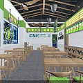 Old Jar Sour Cabbage Noodle Restaurant with Menu Screens Wooden Tables and White Grid Walls