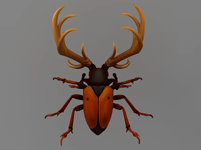 Horned Reptile With Antler Like Horns And Orange Black Body Features 3d model