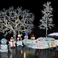 Festive Christmas Scene With Snowmen Decorated Trees Table Chairs And Street Lamp