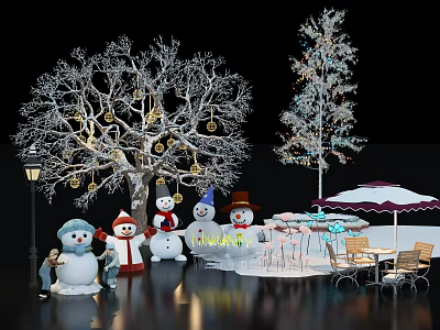 Festive Christmas Scene With Snowmen Decorated Trees Table Chairs And Street Lamp 3d model