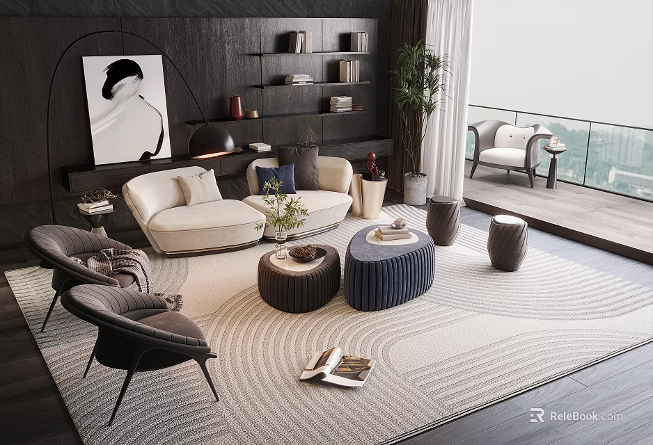 Modern Living Room Sofa And Coffee Table Set With Armchairs Striped Rug And Bookshelf 3d model 