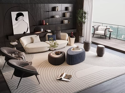 Modern Living Room Sofa And Coffee Table Set With Armchairs Striped Rug And Bookshelf 3d model