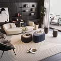 Modern Living Room Sofa And Coffee Table Set With Armchairs Striped Rug And Bookshelf