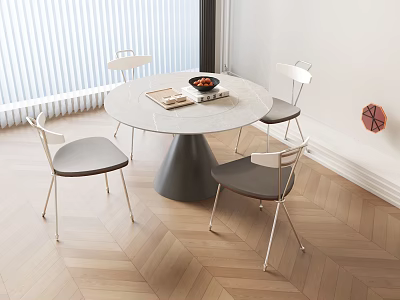 Elegant Round Dining Table Set With Marble Top Conical Base And Four Grey Metal Chairs 3d model