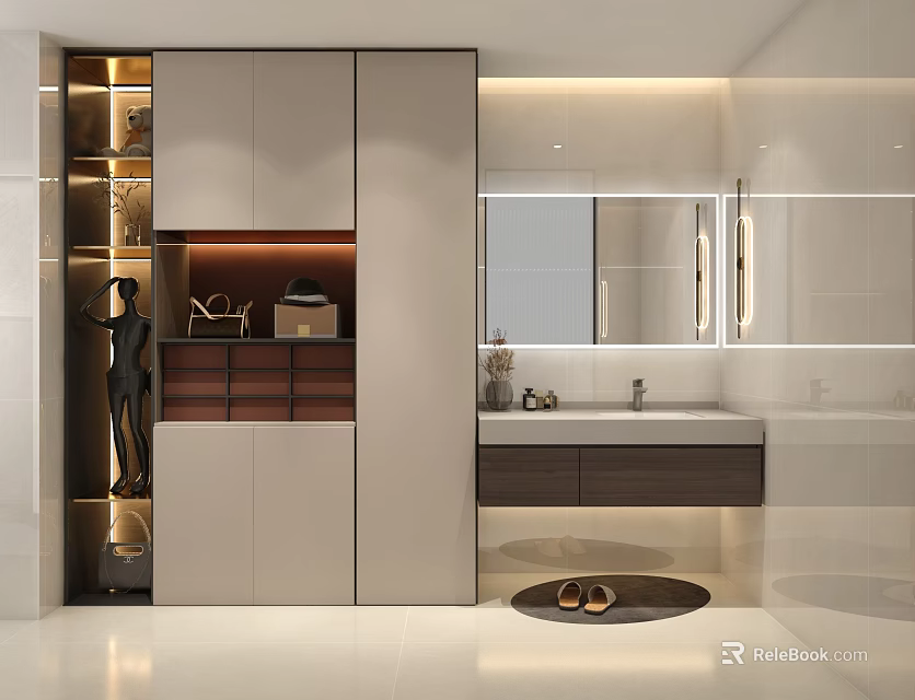 Modern Bathroom Interior Design Featuring Cabinets Large Mirror Sink Counter And Lighting 3d model 