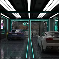 Auto 4S Shop Interior Featuring Purple Sports Car Neon Signs Service Equipment And Shelves