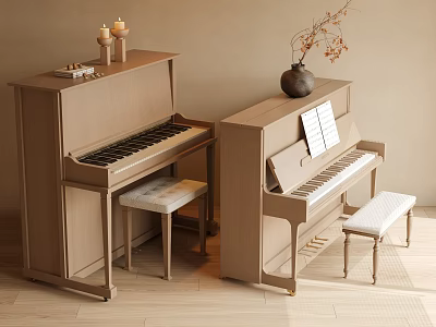 Piano Room Interior With Light Wooden Two Pianos Stools Candles Vase And Sheet Music 3d model