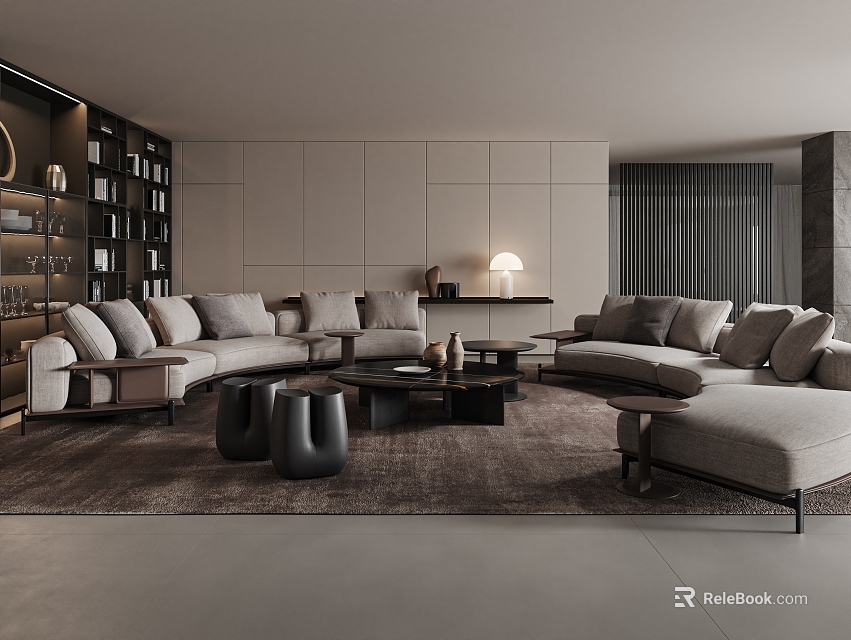 Modern Living Room Interior With Sofa Coffee Table Rug And Bookshelf 3d model 