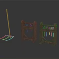 Wooden Tool Racks With Hanging Hardware Tools And Hay Fork 3d model