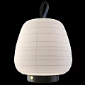 Minimalist Table Lamp With White Striped Shade Wooden Base And Black Handle