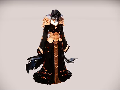 Model Wearing Elegant Black And Gold Long Dress With Rose Decorations And Black Hat 3d model