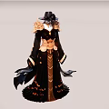 Model Wearing Elegant Black And Gold Long Dress With Rose Decorations And Black Hat