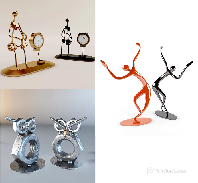 Decorative Ornament Set with Human Figure Owl Clock Metal Figurines for Home Decor 3d model 