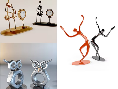 Decorative Ornament Set with Human Figure Owl Clock Metal Figurines for Home Decor 3d model