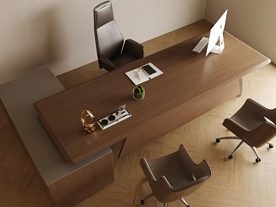 Modern Wooden Office Desk With Computer Monitor Keyboard Green Plant And Leather Office Chairs 3d model