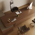 Modern Wooden Office Desk With Computer Monitor Keyboard Green Plant And Leather Office Chairs