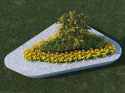 Road Facilities Stone Flower Bed With Yellow Flowers And Green Plants On Grass 3d model