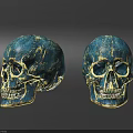 Two Blue Human Skulls With Golden Textured Patterns On Gray Background 3d model
