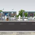 Contemporary Road Facilities Featuring Glass Bus Shelters Seats Trees And Pedestrians On Reflective Urban Ground