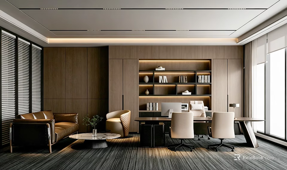 Modern Office Interior With Wooden Walls Bookshelf Sofa Desk And Chairs 3d model 