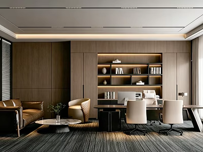 Modern Office Interior With Wooden Walls Bookshelf Sofa Desk And Chairs 3d model