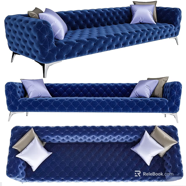 Blue Tufted Velvet Two Seater Sofa With Metal Legs And Purple Beige Throw Pillows 3d model 