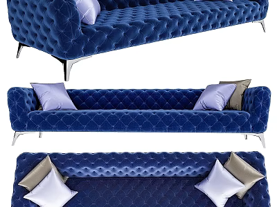 Blue Tufted Velvet Two Seater Sofa With Metal Legs And Purple Beige Throw Pillows 3d model