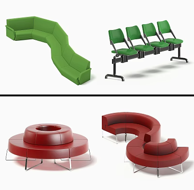 Modern Public Chairs with Green Wave Four Seat Red Round and Curved Designs 3d model