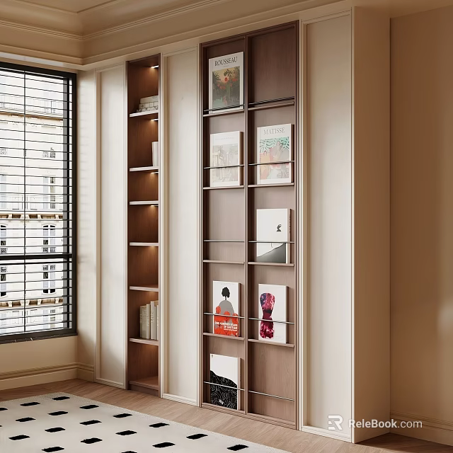 Modern Entryway Cabinet And Side Cabinet With Shelves Decorative Paintings Books And Window Blinds 3d model 