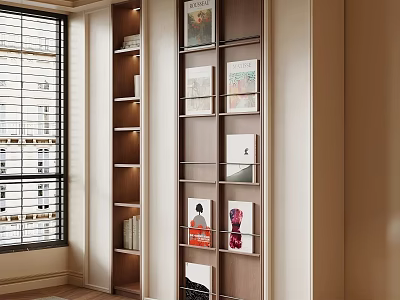 Modern Entryway Cabinet And Side Cabinet With Shelves Decorative Paintings Books And Window Blinds 3d model