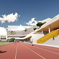 Modern School Building Exterior With Track Playground Green Lawn And Students Activity
