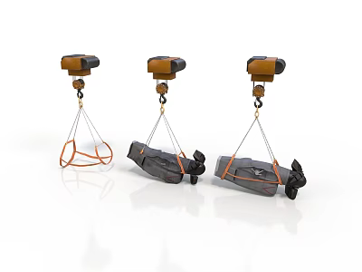 Three Orange And Black Hoisting Equipment With Suspended Loads And Lifting Cables 3d model