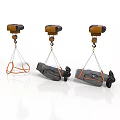 Three Orange And Black Hoisting Equipment With Suspended Loads And Lifting Cables