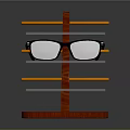 Red Wooden Eyeglass Stand With Multiple Transparent And Orange Shelves Holding Black Eyeglasses