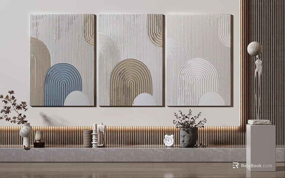 Abstract Geometric Paintings On Modern Interior Wall With Soft Color Patterns And Decor Items 3d model