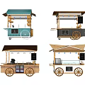 Various Design Mobile Vendor Carts With Wooden Structure Canopy Roofs And Wheels 3d model