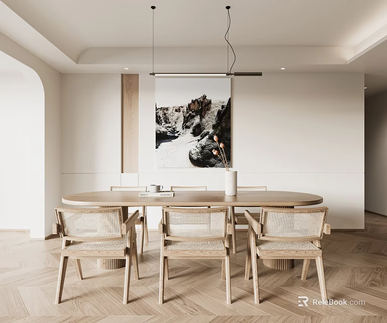 Modern Restaurant Interior Design With Round Dining Table Rattan Chairs Wall Art And Pendant Lights 3d model 