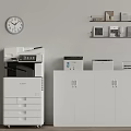 Modern Office Setup With Multifunction Printer Filing Cabinet Wall Clock And Shelves