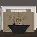 Modern Console Table With Stone Top And Decorative Plant Against Gold Panel