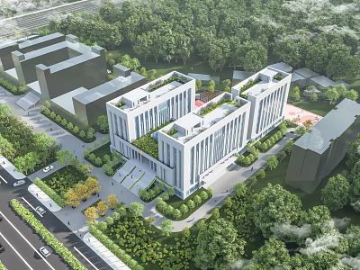Modern White Architectural Complex With Green Surroundings And Tree Lined Roads 3d model