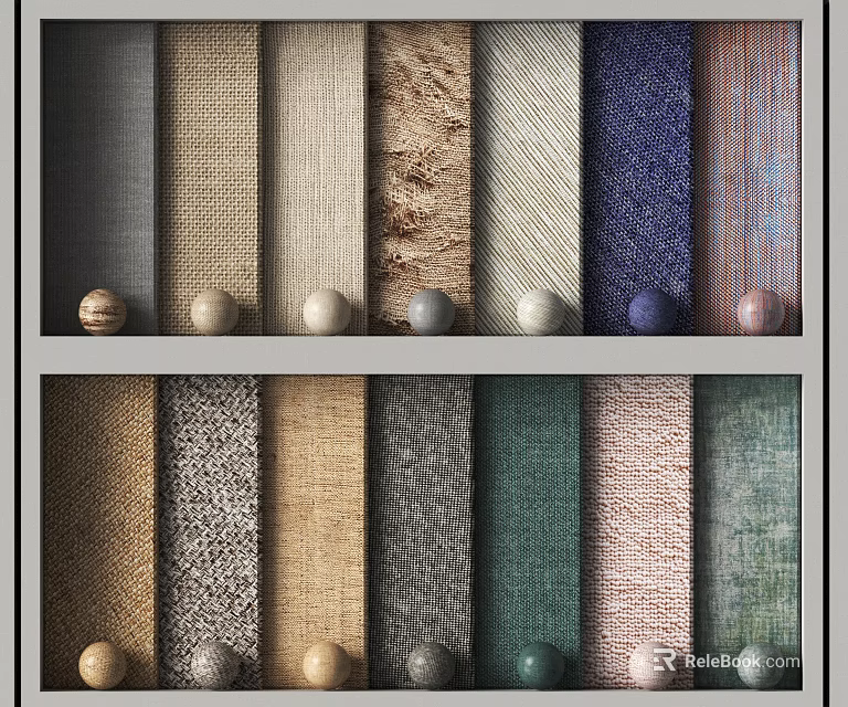 Fabric Samples With Various Textures And Colors On Display Shelf 3d model