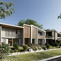 Modern Townhouse Exterior Design With Greenery Lawn Trees And Blue Sky