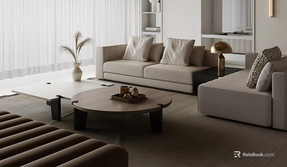 Modern Living Room Interior With Beige Sofa Wooden Coffee Table And Brass Lamp 3d model 